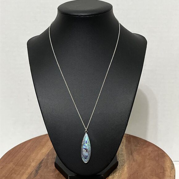 Sterling Silver Abalone, Mother of Pearl Drop Pendant Necklace On 17” Chain - Picture 2 of 5